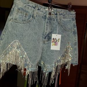 Rhinestone Shorts - Fringe Denim